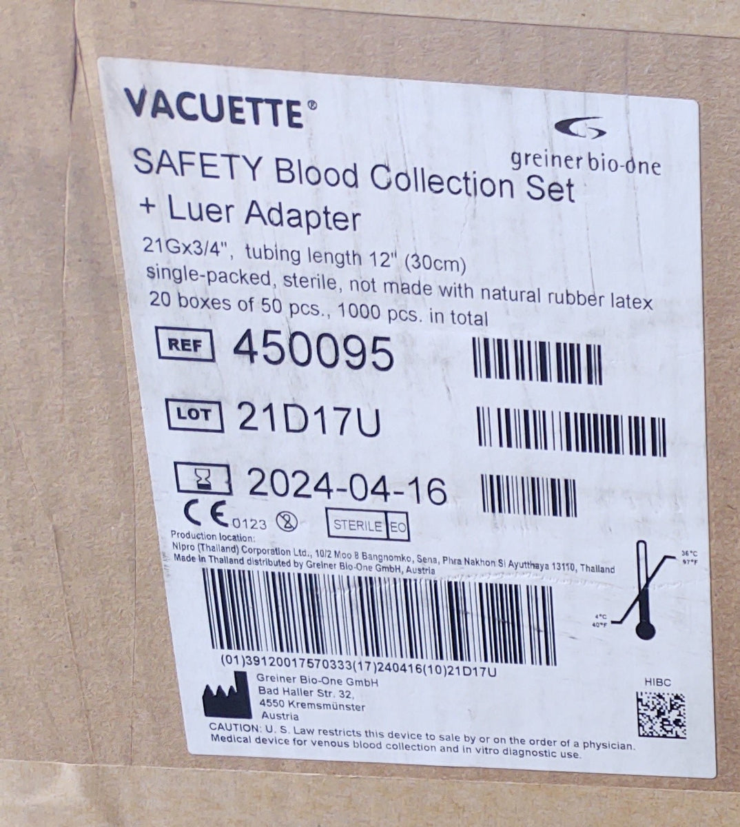 21G Bio-one Greiner Vacuette Blood Collection Set Butterfly Needles, 50/box